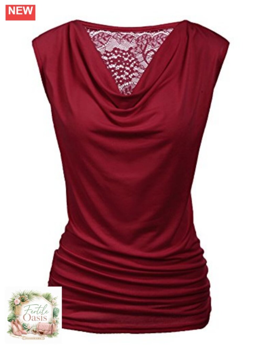 Sleeveless Ruched Tunic Tank Top Cowl Neck Lace Back Stretch Blouse